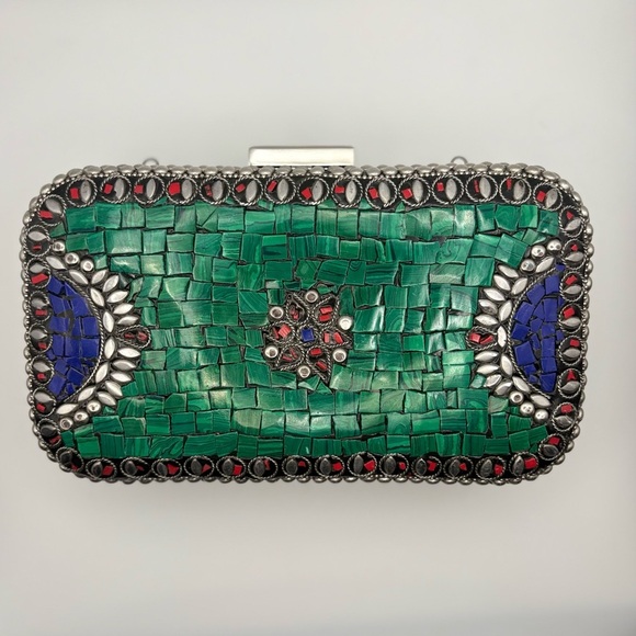 Handmade Mosaic Stone Clutch – Green Red Blue Inlay – NEW Artisanal Evening Bag - Picture 2 of 10